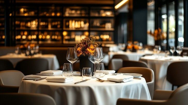 Elegante Brasserie mit gedecktem Tisch und gedämpfter Atmosphäre